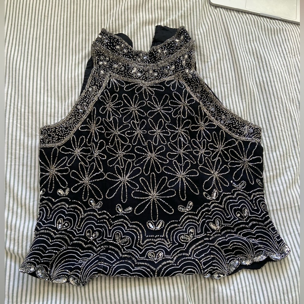 Papell Boutique 100% Silk Vintage Black Beaded High Neck Sleeveless Top Size L